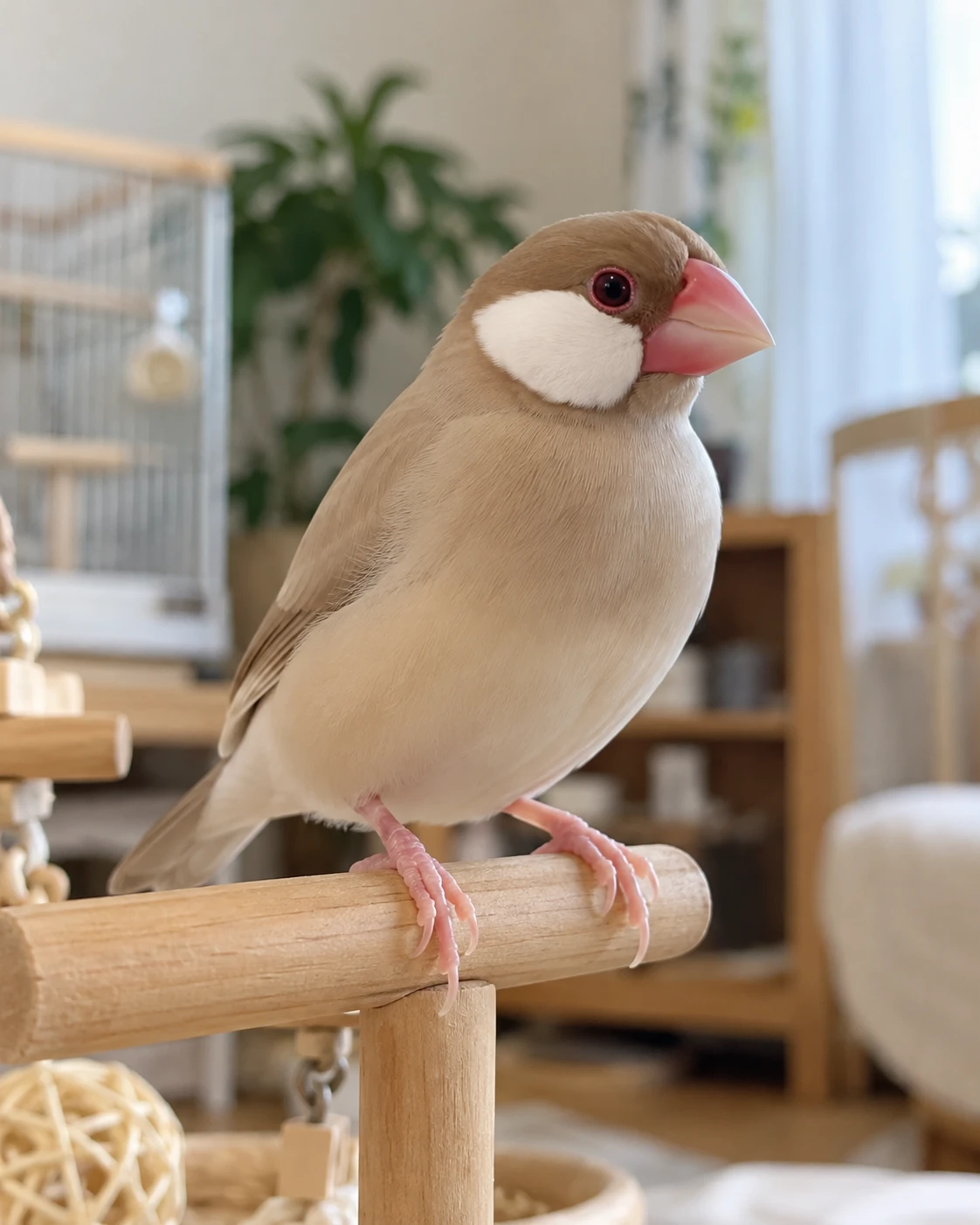 止まり木にとまるシナモン文鳥